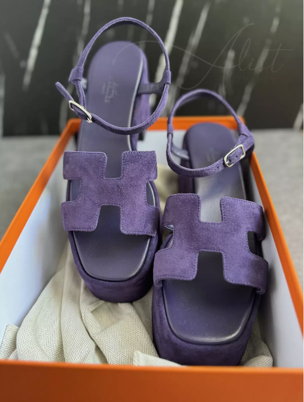 BNIB Hermes Jam 30 H Sandal Wedges Suede In Violet/Amethyst Size 38