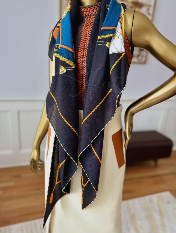 BNIB Hermes Giant Pointe Triangle Shawl Black Bleu Cobalt Orange