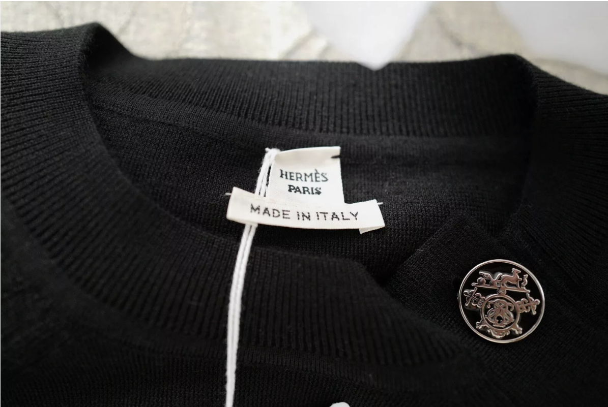 BNIB Hermes Short-Sleeve Cashmere Sweater With h Logo Button in Noir Black 36