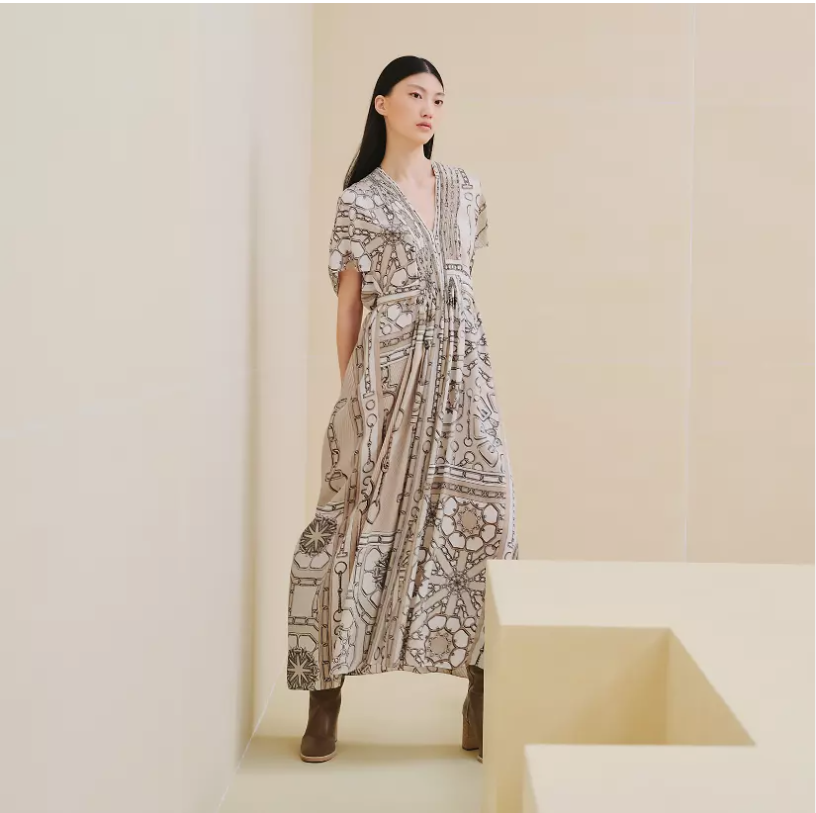 NEW Hermes Caftan Dress Effet Kaleidoscope In Beige Glaise Size 38 $6.5K Retail