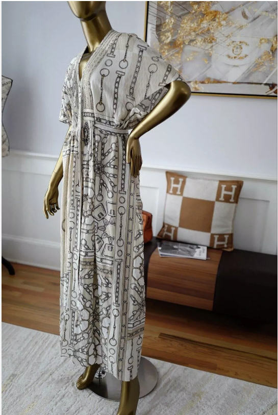 NEW Hermes Caftan Dress Effet Kaleidoscope In Beige Glaise Size 38 $6.5K Retail