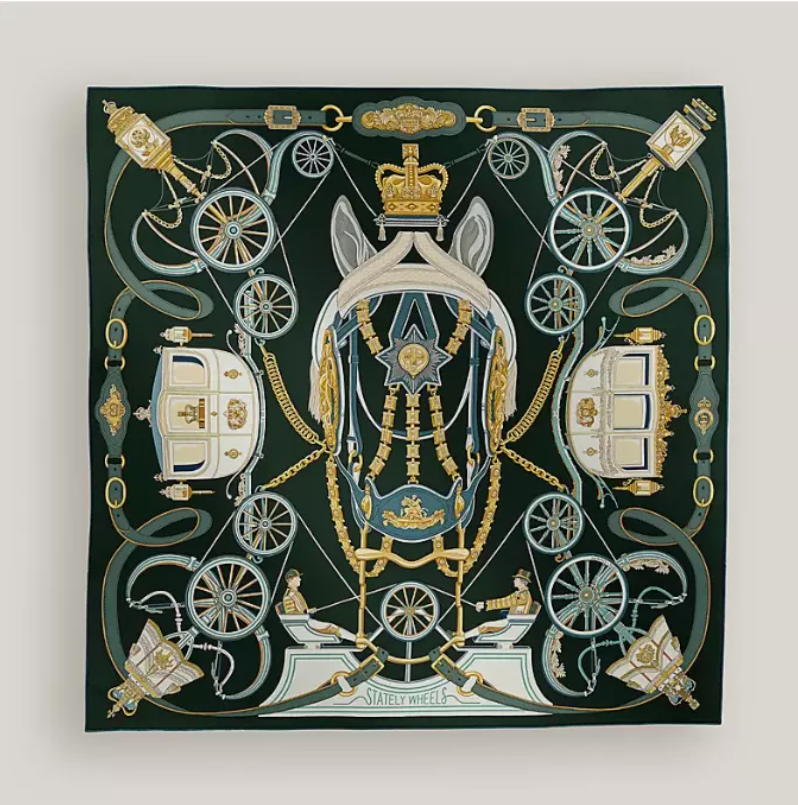 BNIB Hermes Stately Wheels Scarf 90 Vert Anthracite/Vieil/Bleu Silk 36" x 36"