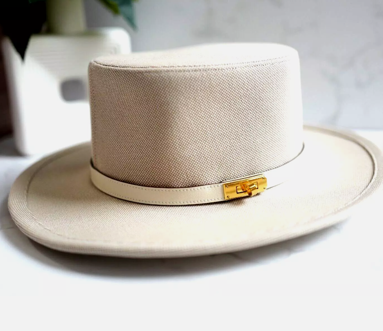 Hermes Woman Hat Hampton Plein Air Toile H Gold 56 De desert/Nata