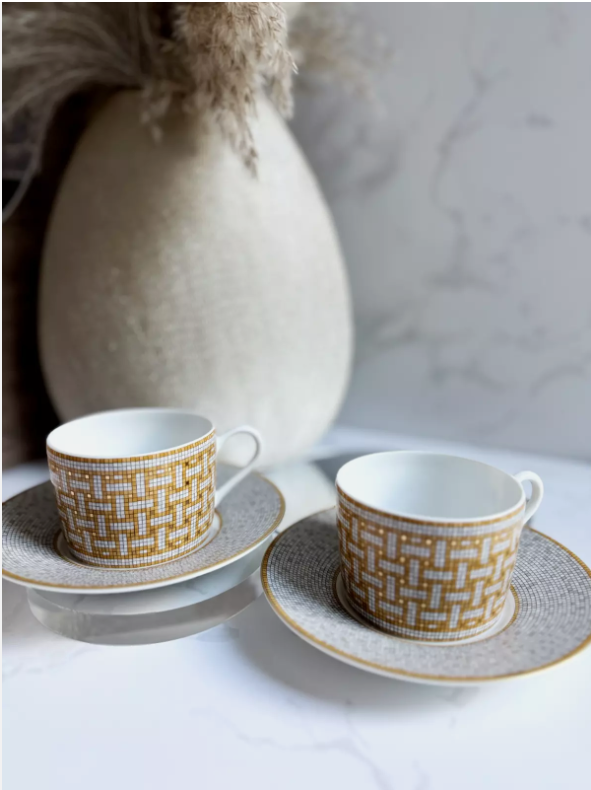 Hermes Mosaique au 24 gold tea cup and saucer 2 pairs