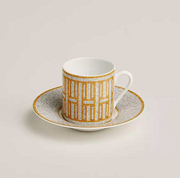 Hermès Mosaique AU 24 Gold Coffee Cup and Saucer Set (2 Pairs)