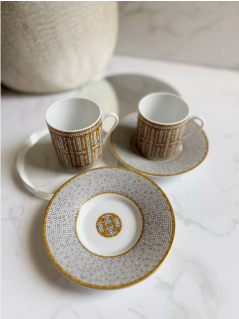 Hermès Mosaique AU 24 Gold Coffee Cup and Saucer Set (2 Pairs)