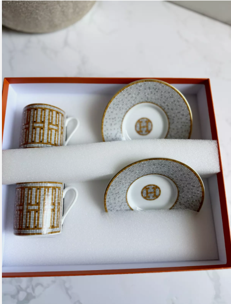 Hermès Mosaique AU 24 Gold Coffee Cup and Saucer Set (2 Pairs)