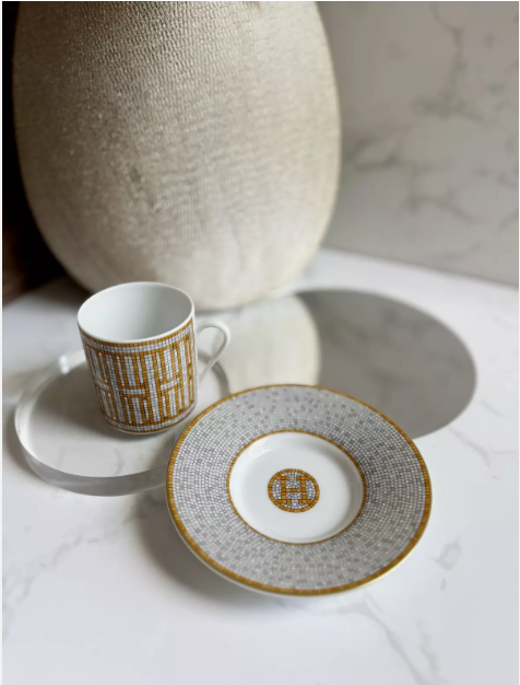 Hermès Mosaique AU 24 Gold Coffee Cup and Saucer Set (2 Pairs)