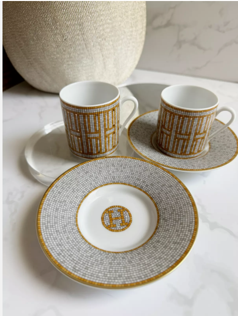 Hermès Mosaique AU 24 Gold Coffee Cup and Saucer Set (2 Pairs)