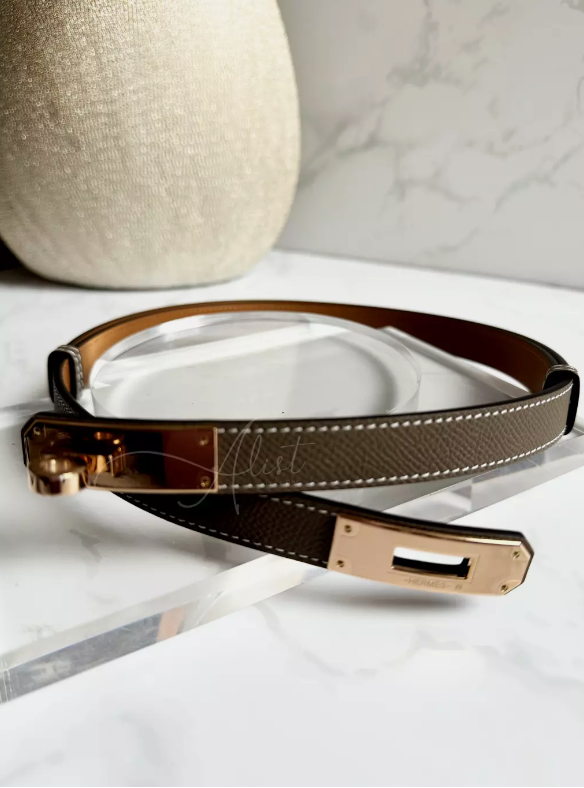 NEW Hermes Kelly Belt 18 Epsom Calfskin Etoupe Rose Gold HW With Box