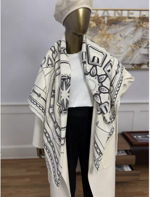 BNIB Hermes Cashmere Shawl 140 L'Effet Kaleidoscope 07 HG/Blanc/Noir