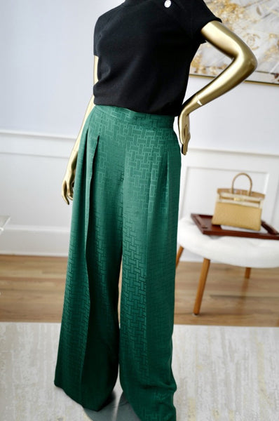 NEW Herms "Mosaique" Patterns Wide Leg Dress Pants Vert Bouteille Siz