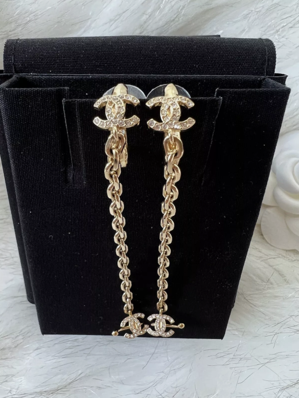 Chanel Drop And Hook Earrings Gold With Crystals - BNIB