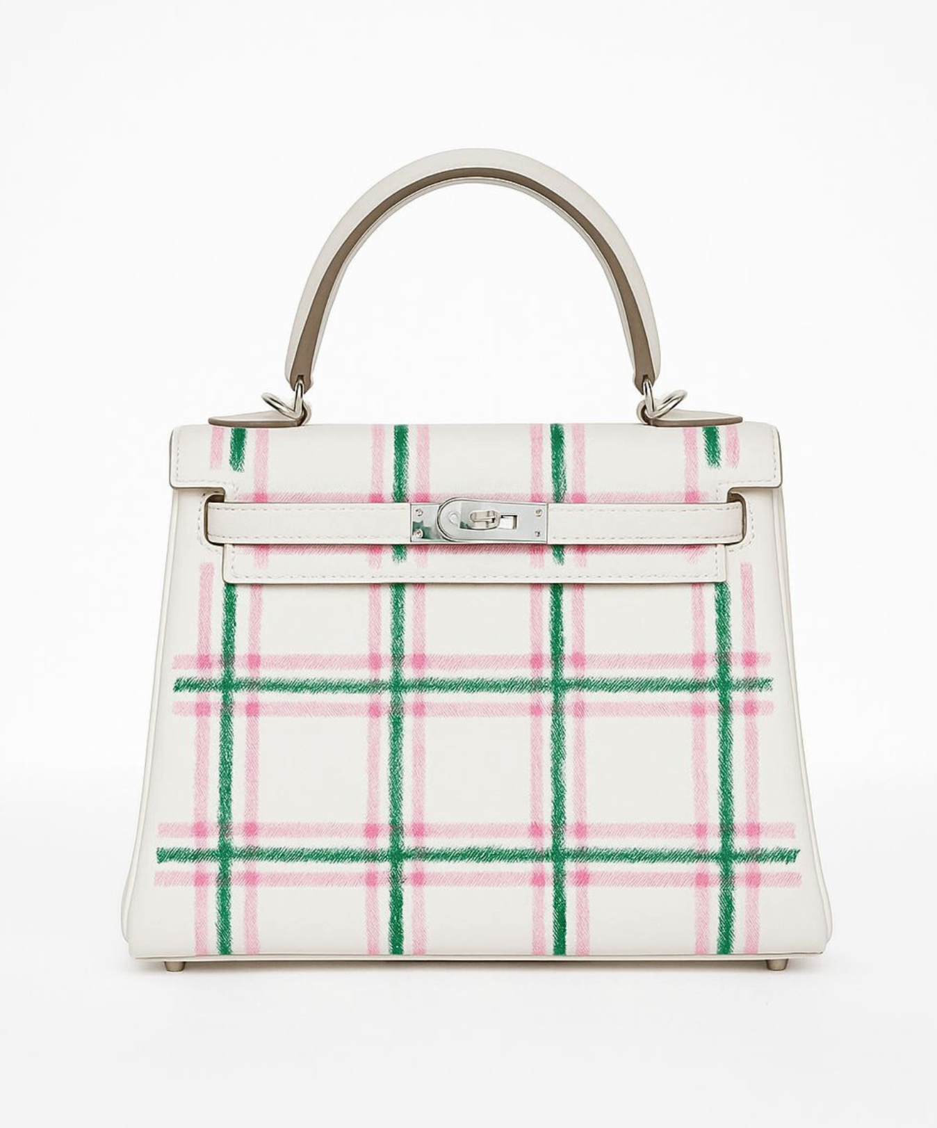 BNIB Hermès Kelly 25 Sellier Tartan Pattern White Leather Handbag With Palladium Hardware