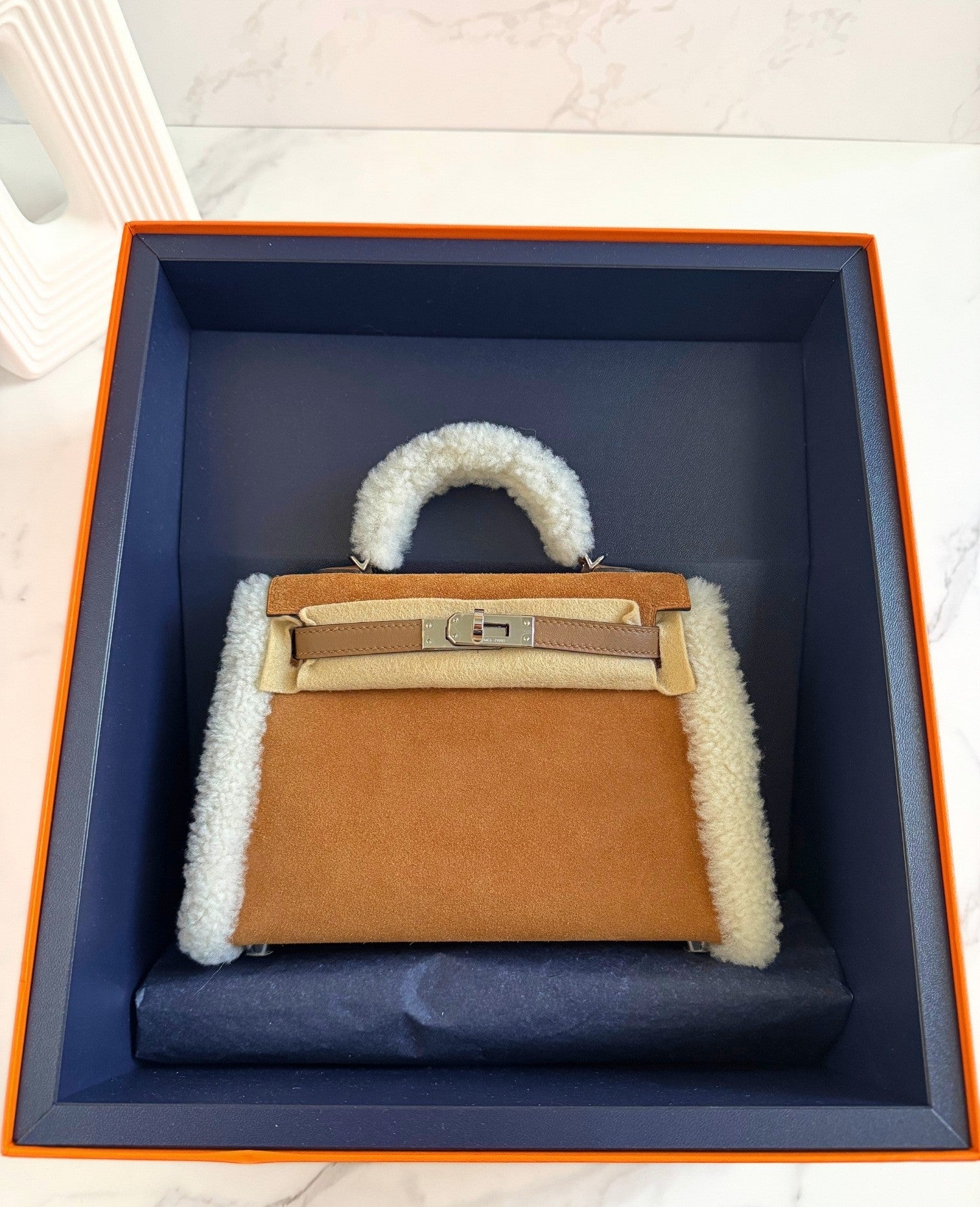 BNIB Hermès Mini Kelly Teddy Gold/Ecru/Alezan Shearling Suede Palladium Hardware