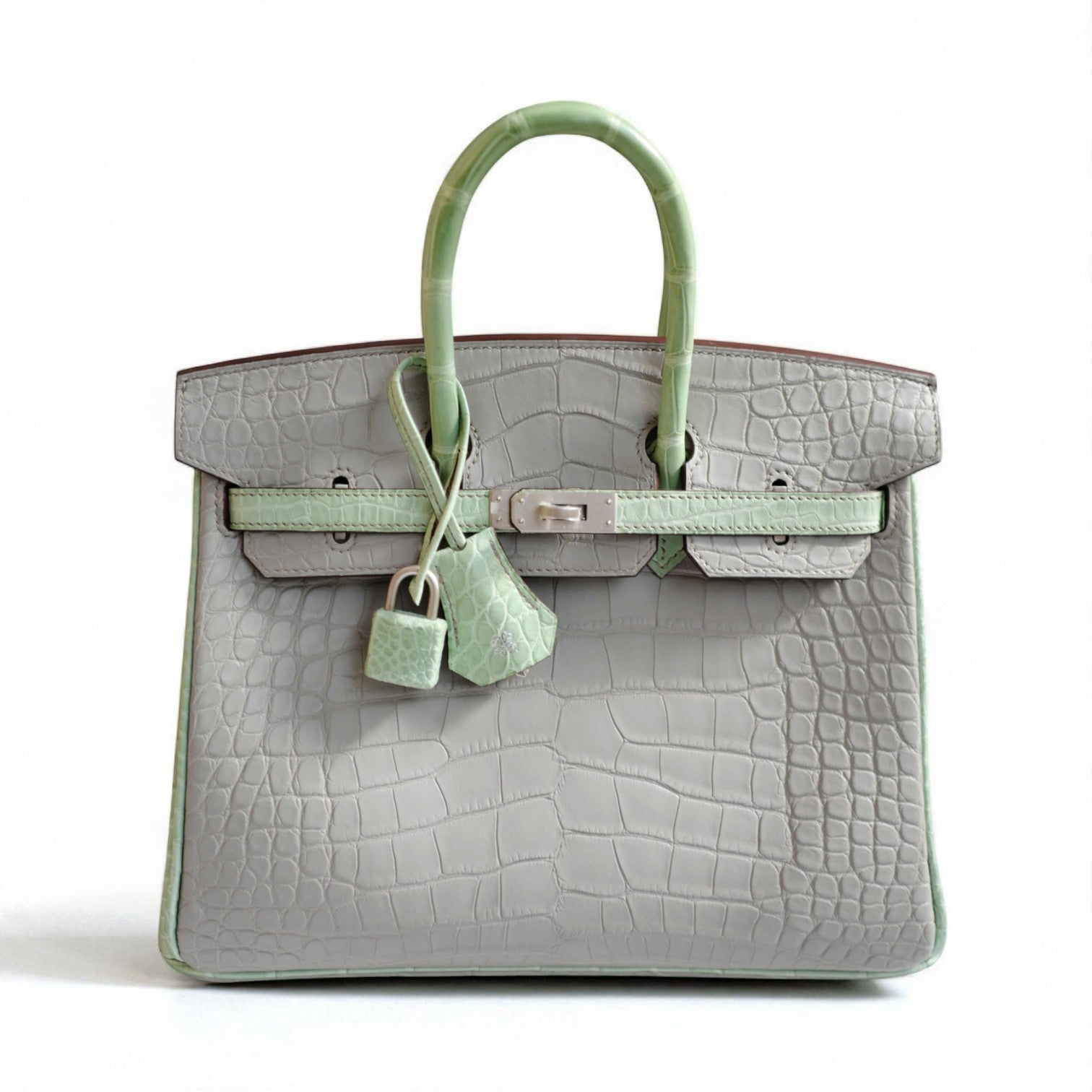 BNIB Hermes Birkin 25 HSS Gris Perle/Vert D’eau Matte Crocodile Brushed Palladium HW
