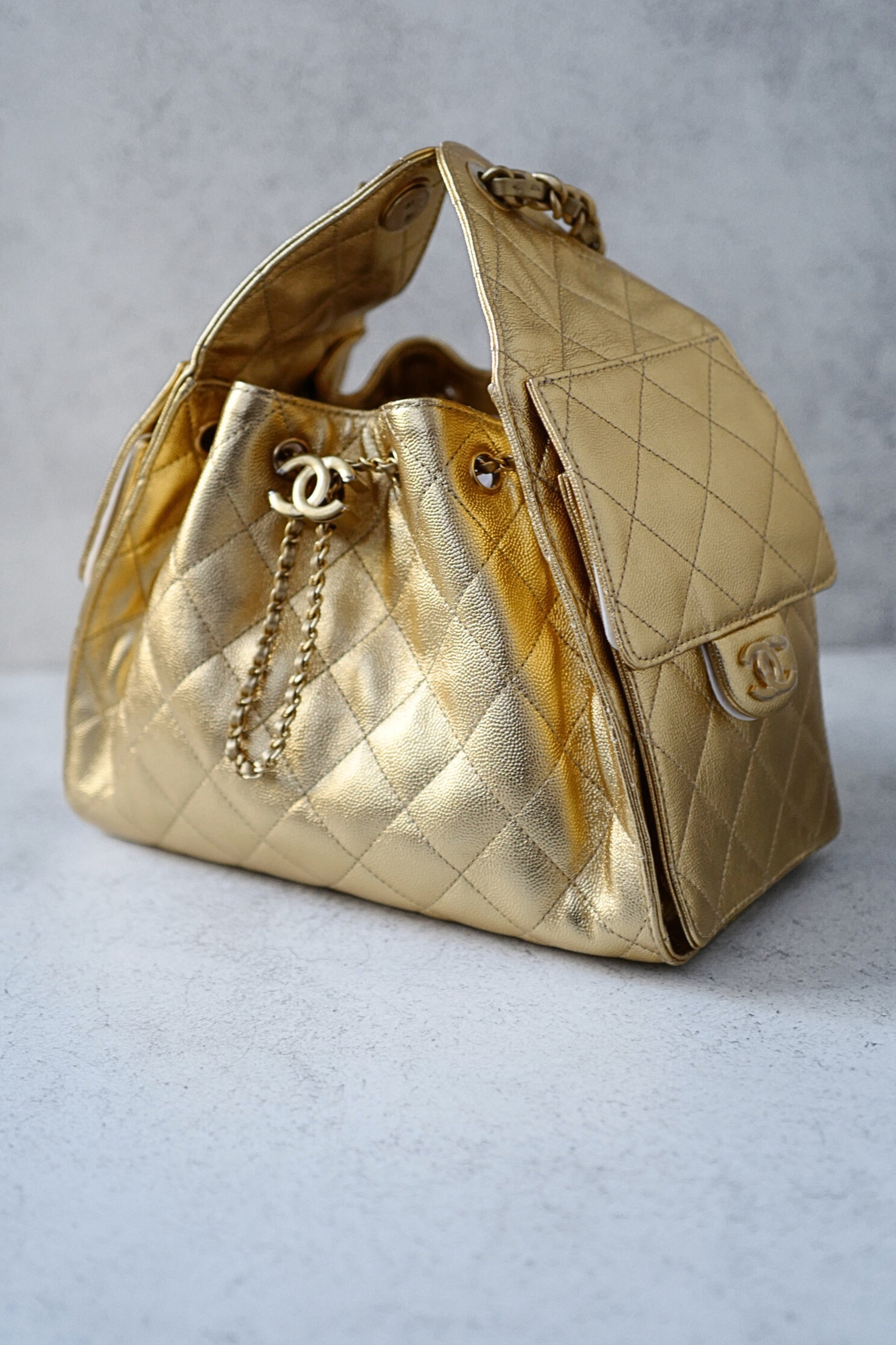 BNIB Chanel 26C Small Hobo Gold Metallic Grained Calfskin with Gold Hardware