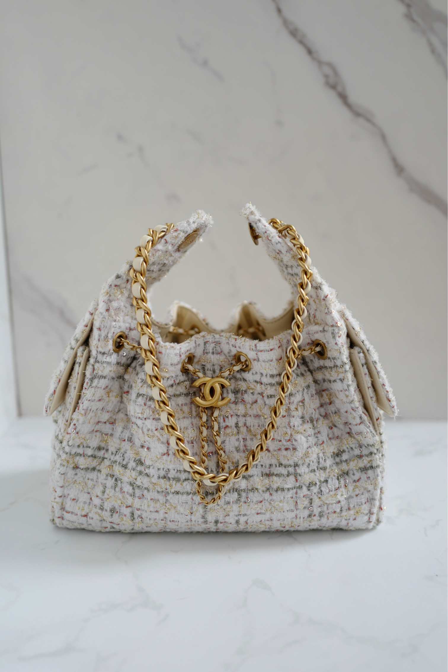 NEW Chanel 25A Small Hobo in Light Tweed with Gold Hardware
