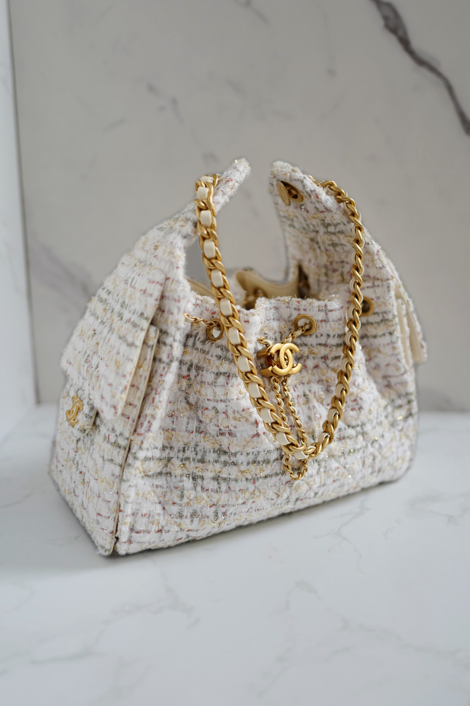 NEW Chanel 25A Small Hobo in Light Tweed with Gold Hardware