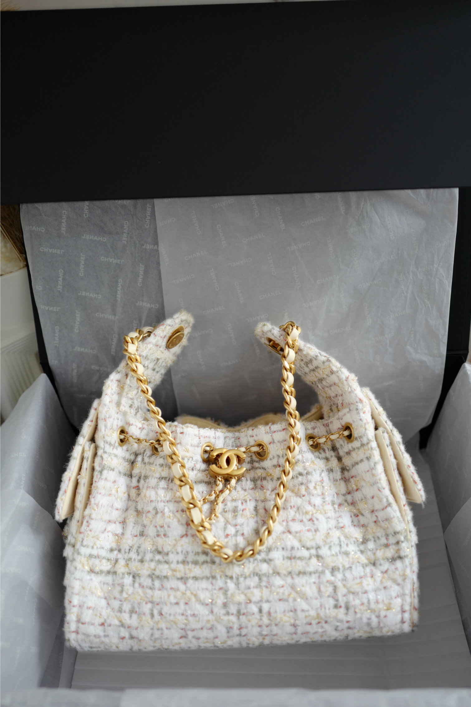NEW Chanel 25A Small Hobo in Light Tweed with Gold Hardware