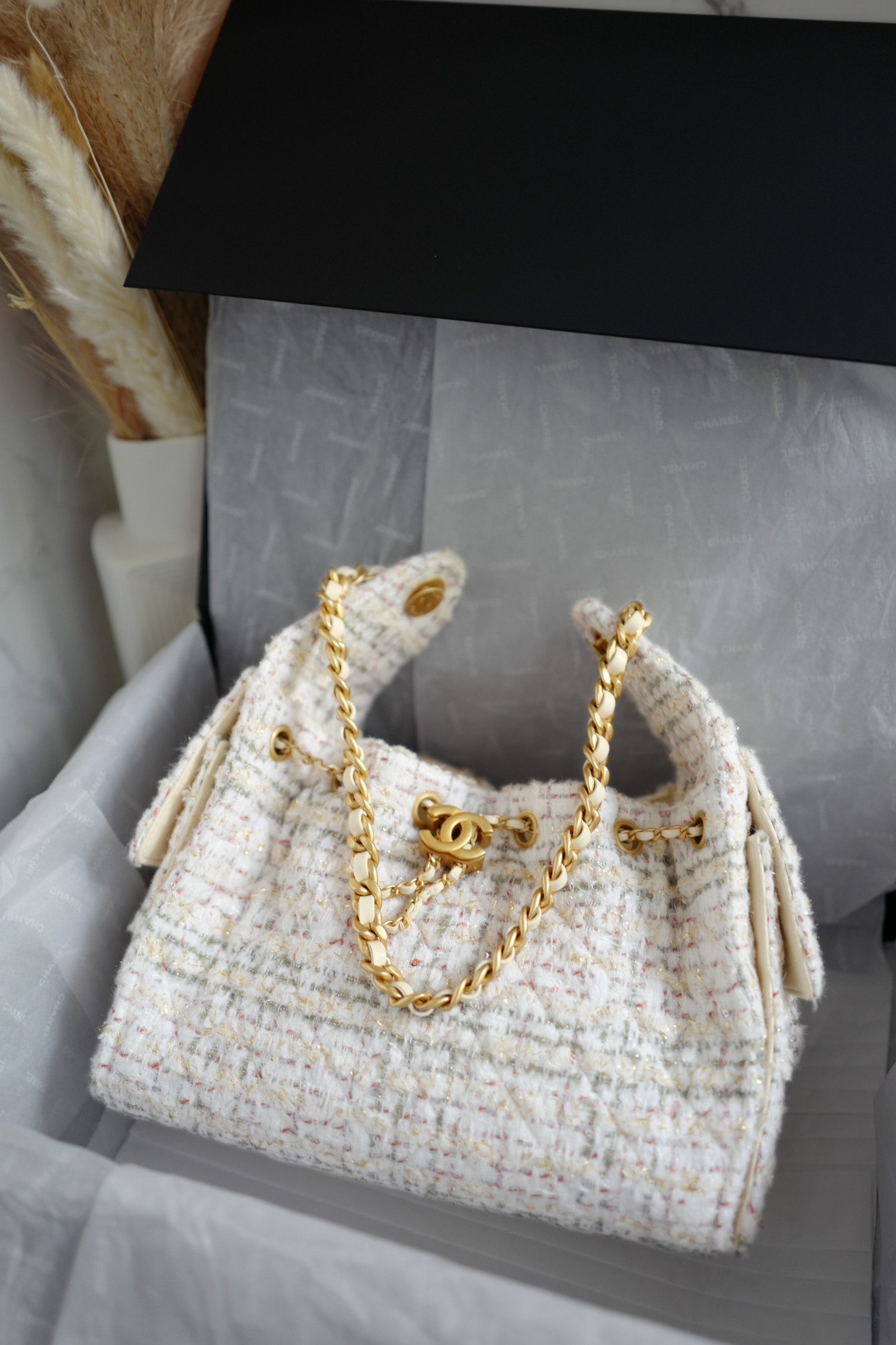 NEW Chanel 25A Small Hobo in Light Tweed with Gold Hardware
