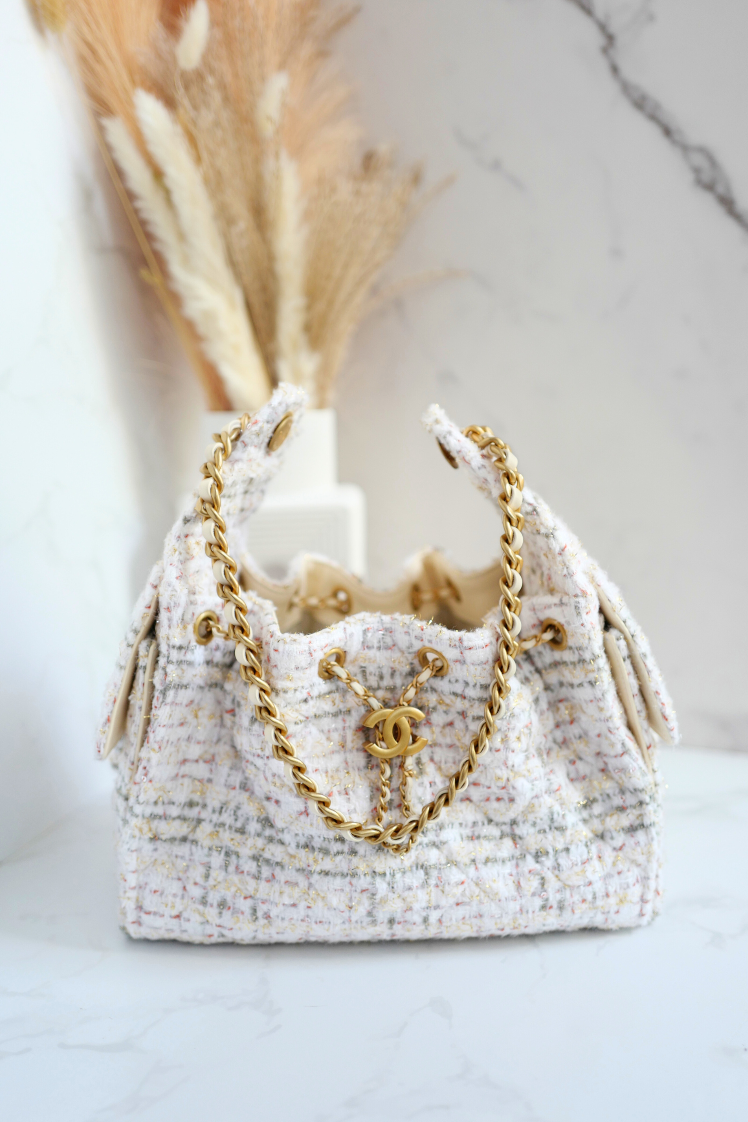 NEW Chanel 25A Small Hobo in Light Tweed with Gold Hardware