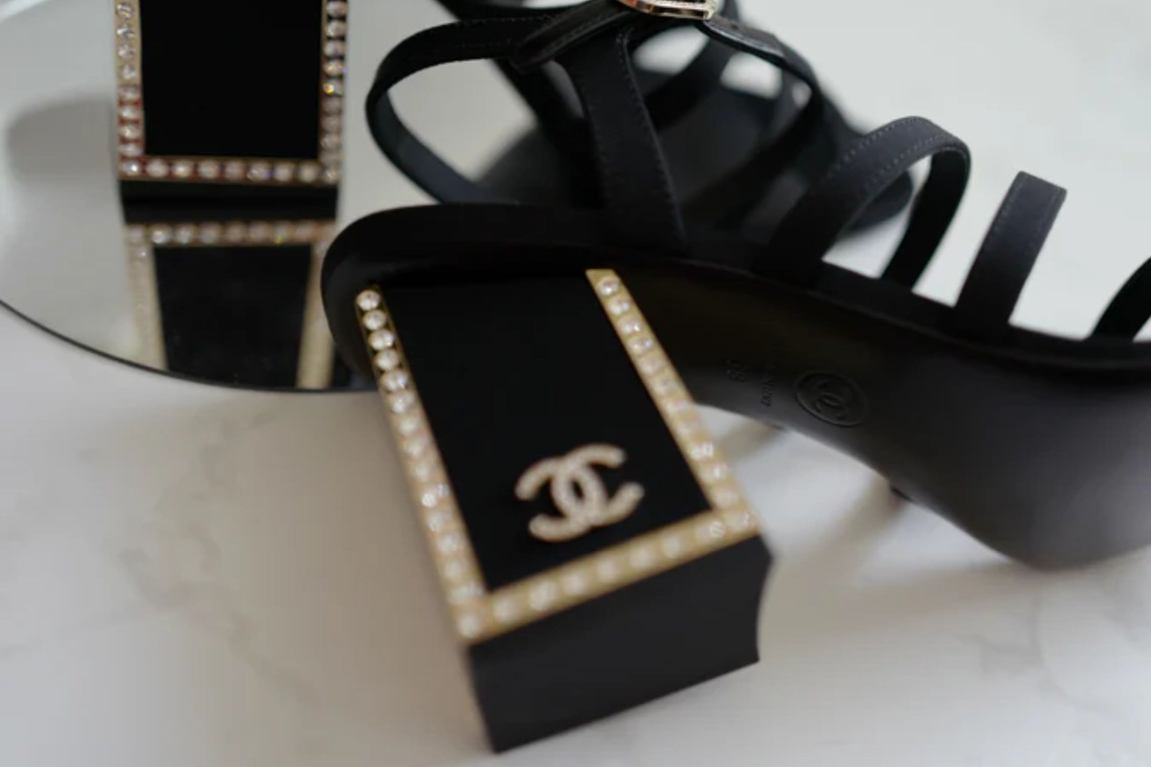BNIB Chanel 24B Strappy Heels in Black with Crystals Rhinestone Heels size 38