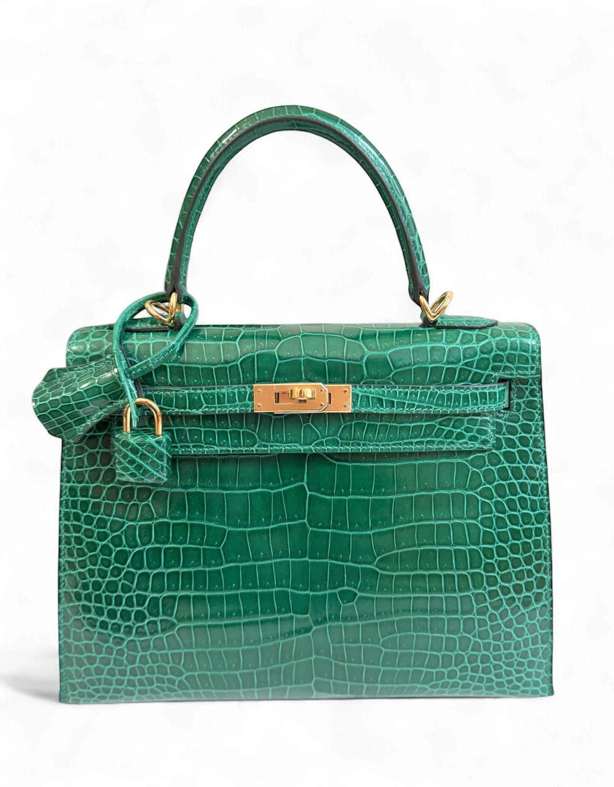 Hermes Kelly 25 Vert Emeraude Shiny Porosus Gold HW New Condition Complete Rec