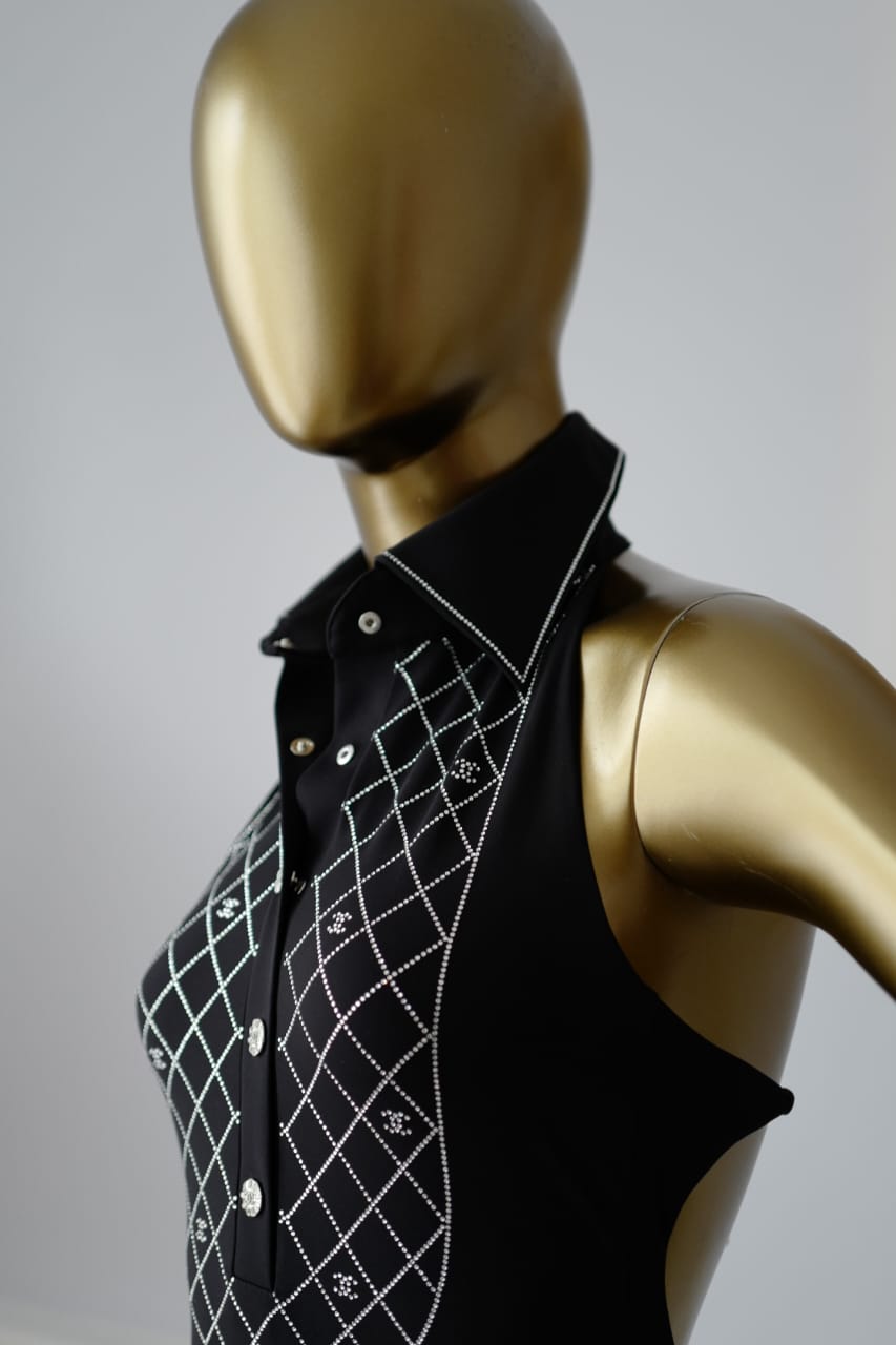 Chanel 23C Black Crystal Collar CC Logo One Piece Swimsuit Runway Bath