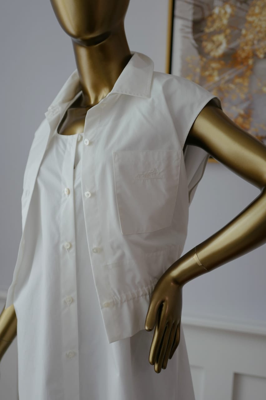 Hermes Robe Inspi Chemise 90 Blanc White Cotton Dress Size 40 NEW