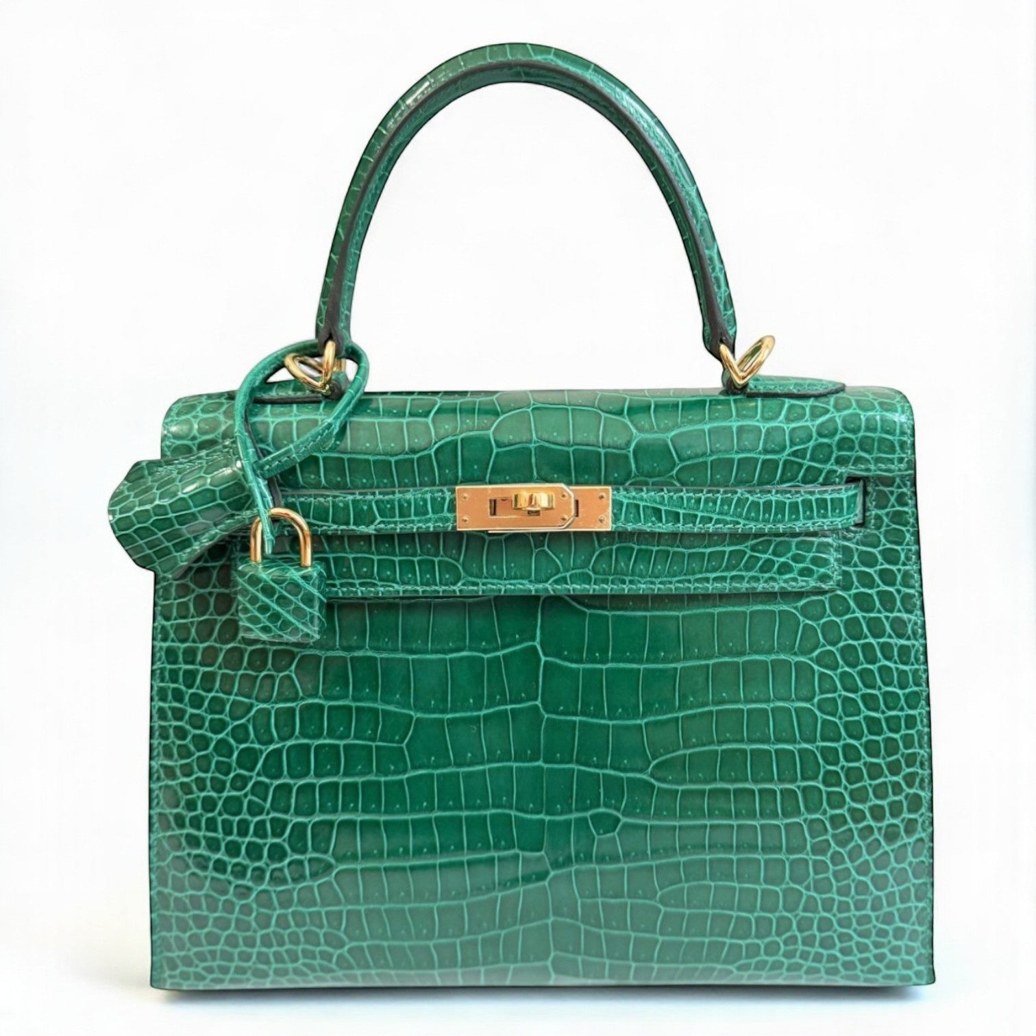 Hermes Kelly 25 Vert Emeraude Shiny Porosus Gold HW New Condition Complete Rec