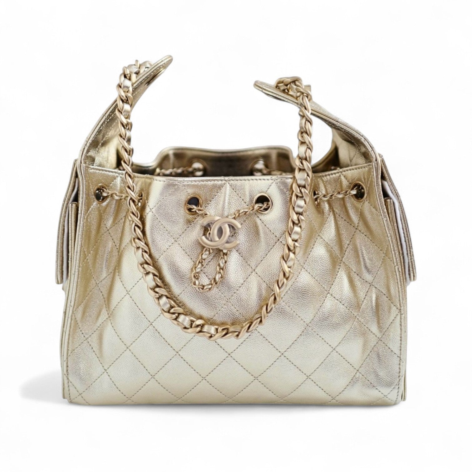 NEW Chanel 25A Small Hobo Bag Light Gold Caviar Leather LGHW