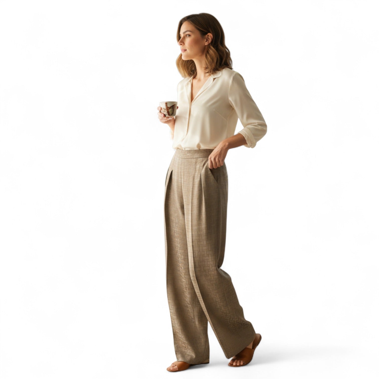 NEW Hermès "Mosaique" Wide Leg Pants Etoupe Size 34