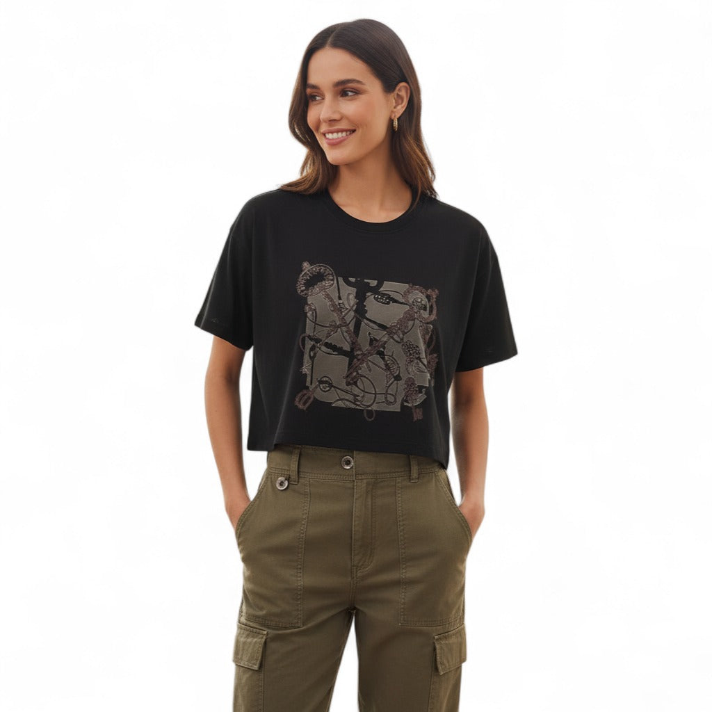 NEW Hermès "Les Clefs" Cropped T-shirt Noir Size 36 SS25