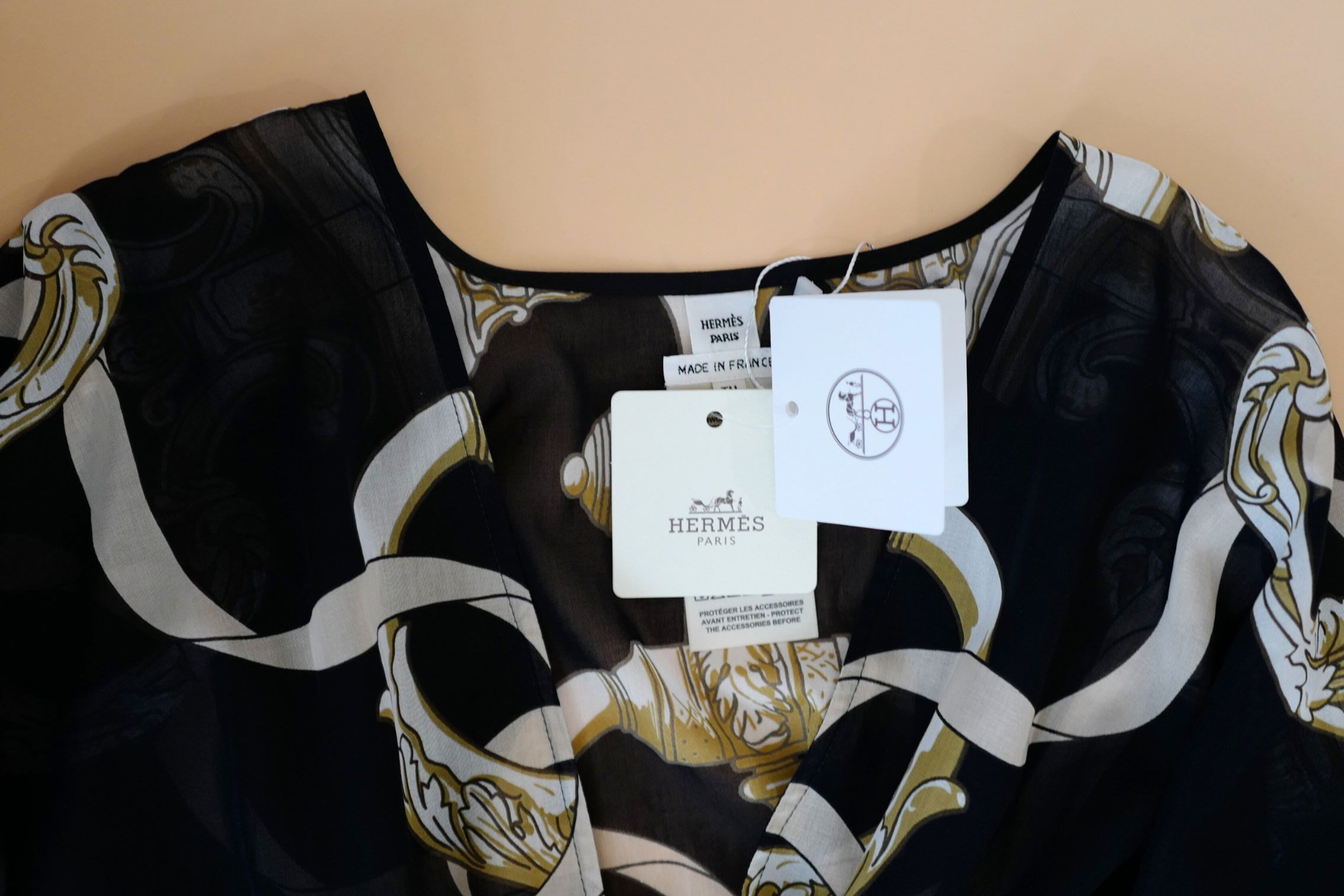 Hermès Woman Beach Caftan "Ferronnerie Remix" in Noir Cotton Voile One Size