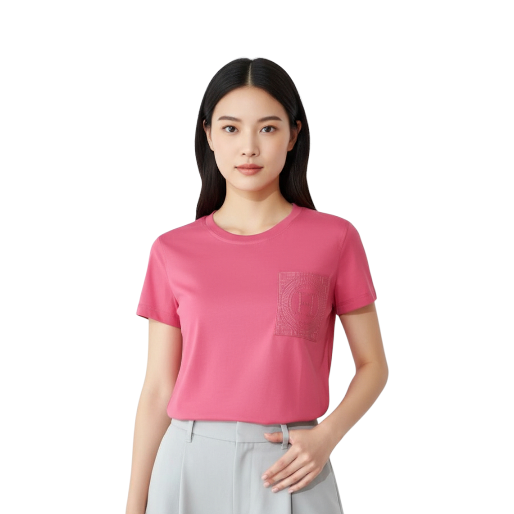 New Hermès Women’s Embroidered Pocket T-Shirt Rose Framboise Size 34