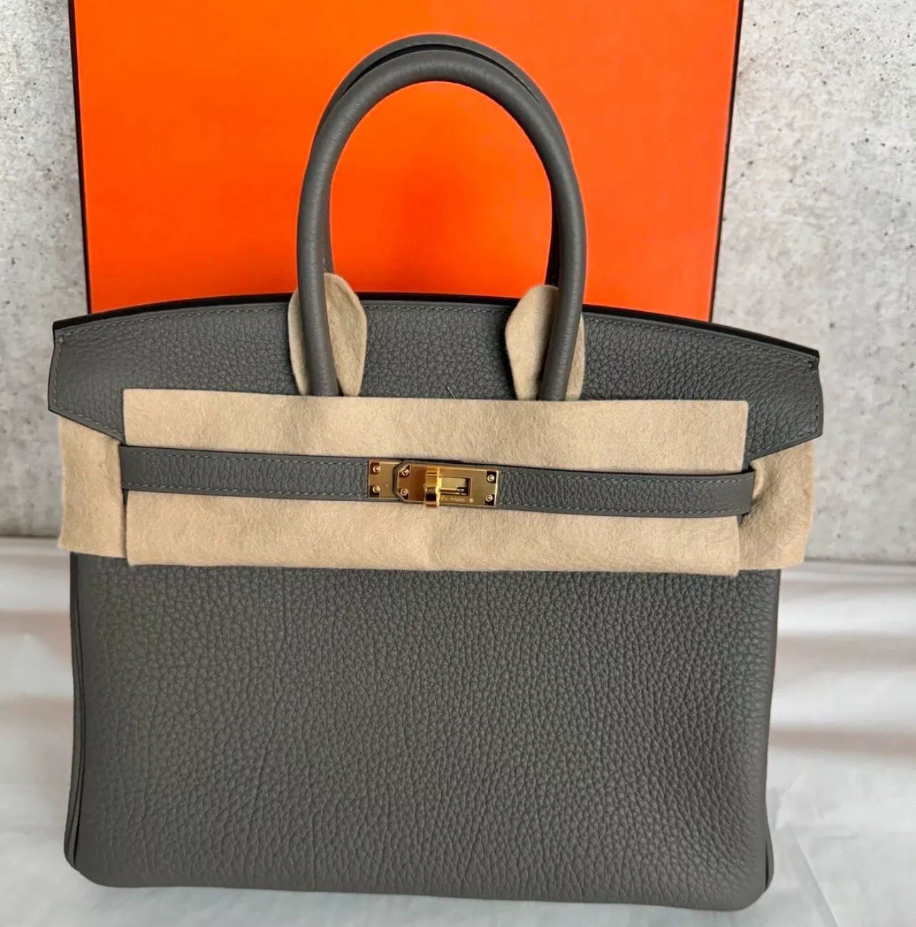 NEW Hermes Birkin 25 Gris Meyer Togo Gold Hardware Full Set With Receipt