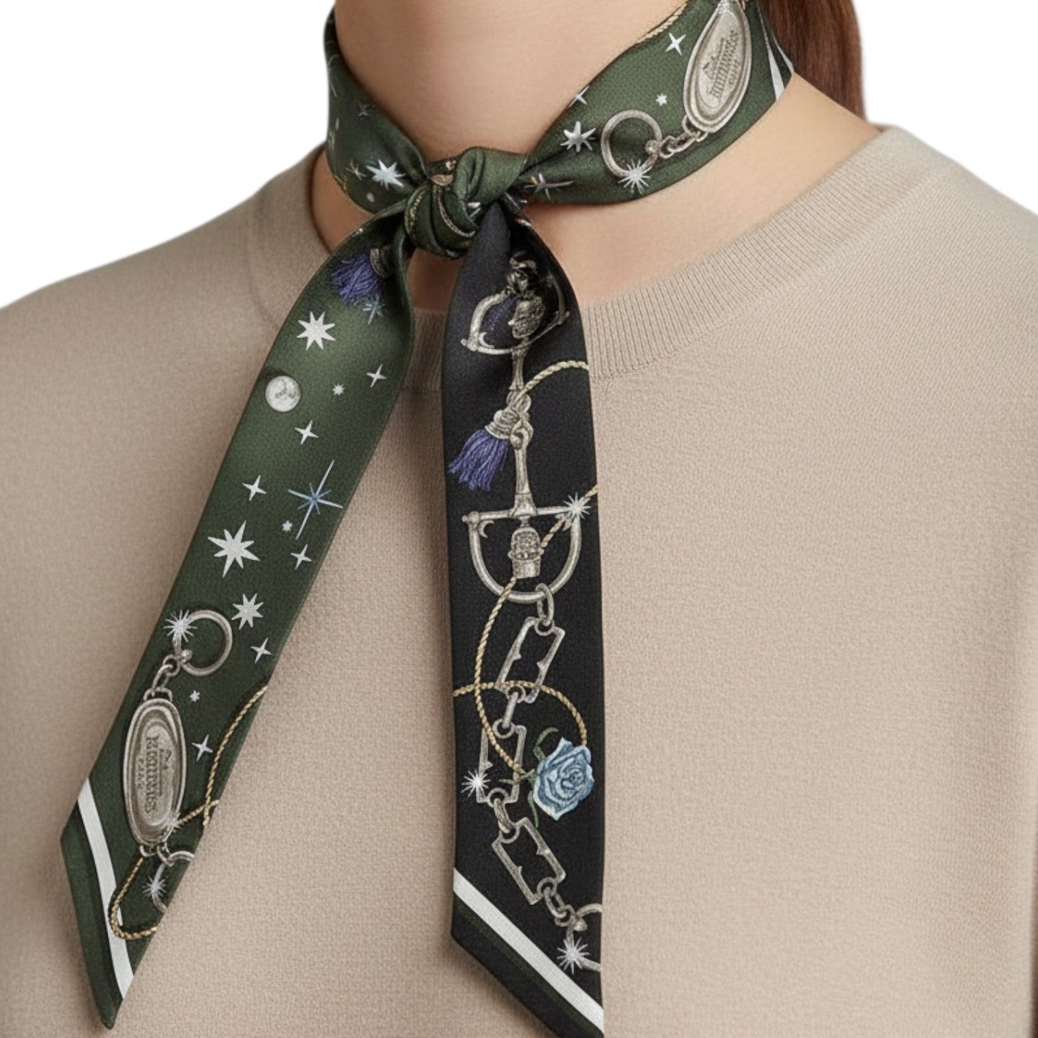 Hermès C’est La Fête Twilly Kaki Foncé/Blanc/Noir – Silk Twilly Ribbon