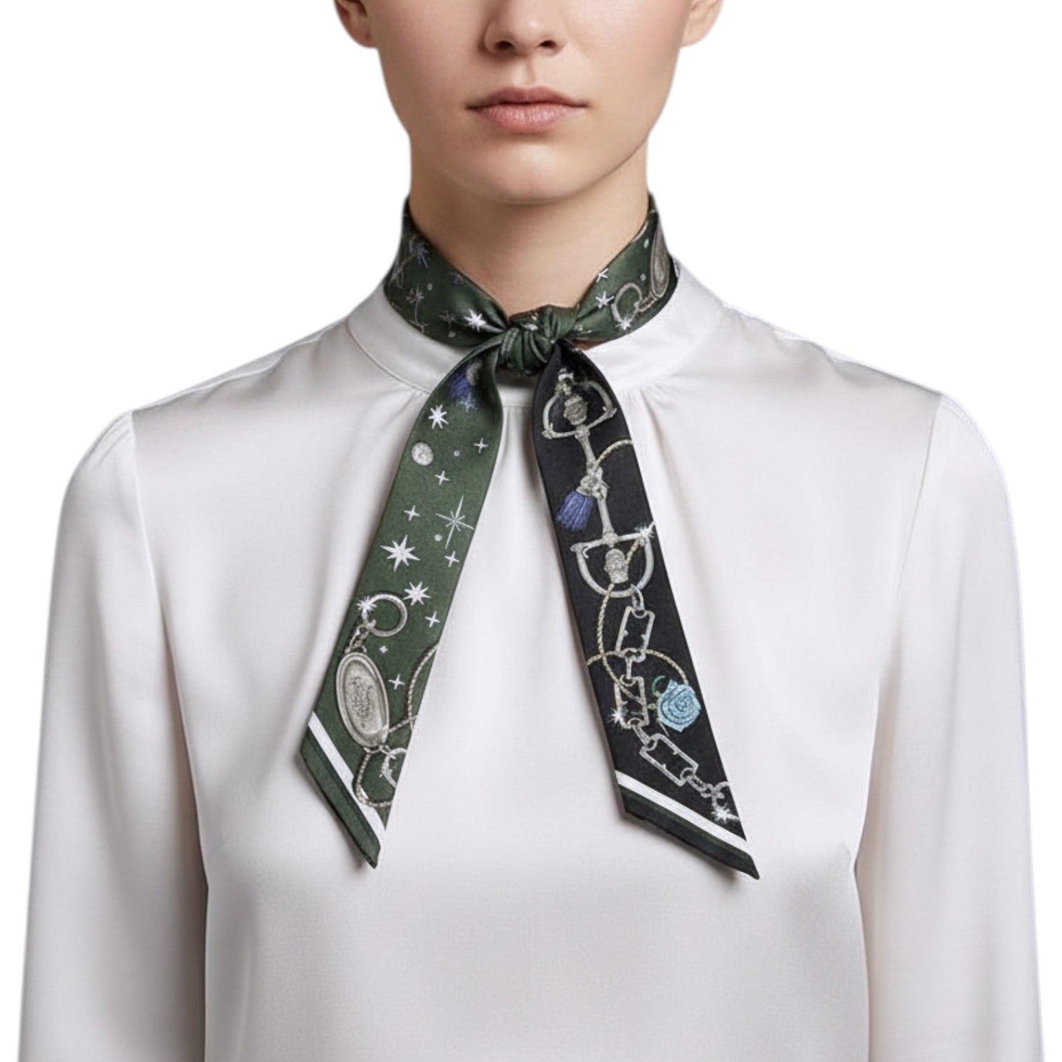 Hermès C’est La Fête Twilly Kaki Foncé/Blanc/Noir Silk Twilly Ribbon