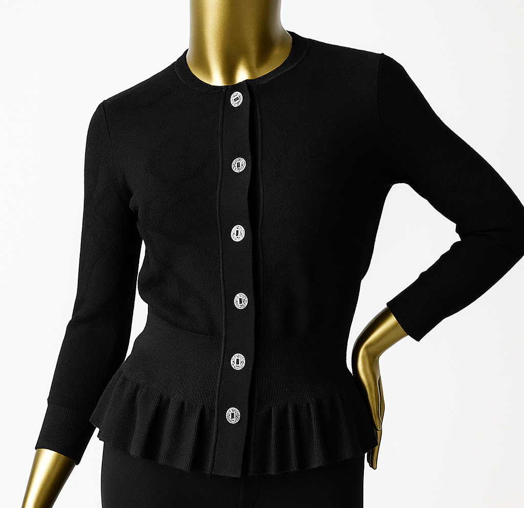 New Hermès Women’s Black Button Front Cardigan with Pleated Hem Size 36