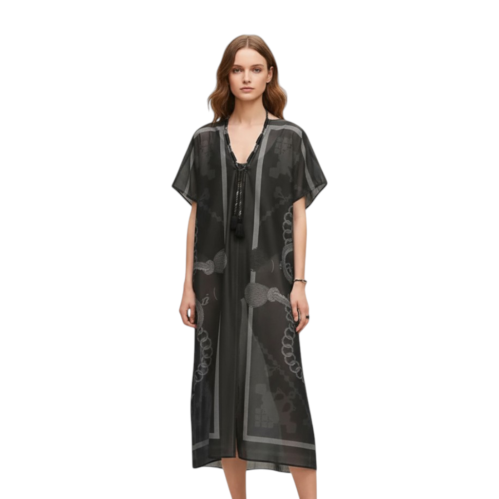 NEW Hermès Palefroi Remix Maxi Caftan Dress Gris Charbon Size 36 Beachwear