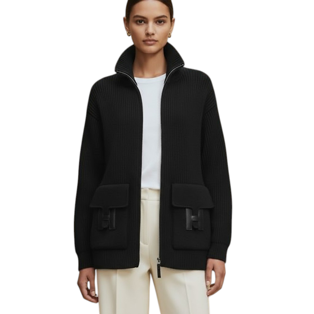 NEW Hermès Blouson Cardigan Jacket Black Wool with H Pockets Size 38