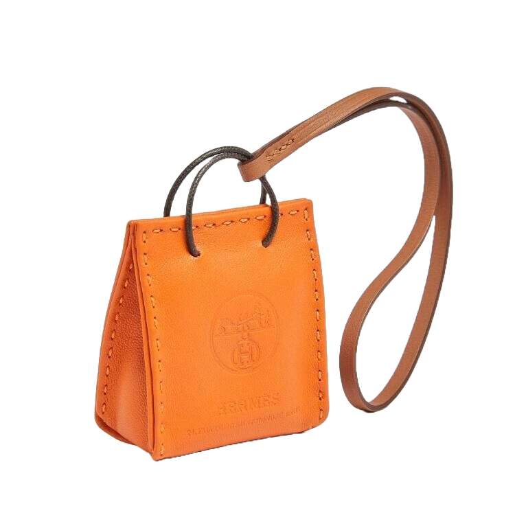 *BNIB* Hermes Orange Shopping Bag Charm Milo Lambskin In Feu/Gold