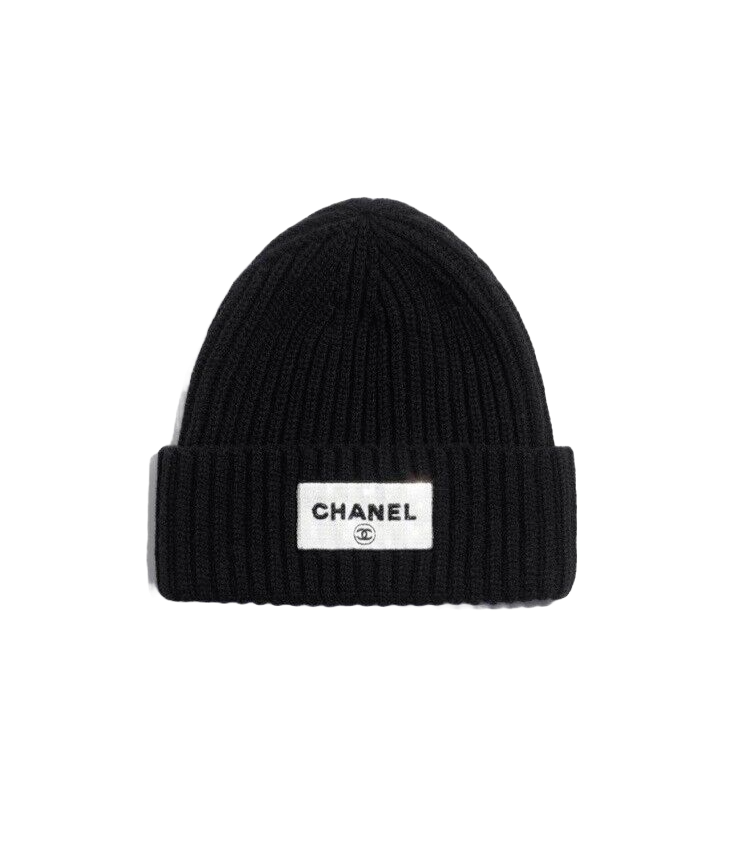 Chanel Black Cashmere Beanie Sequin CHANEL Logo Hat New 23