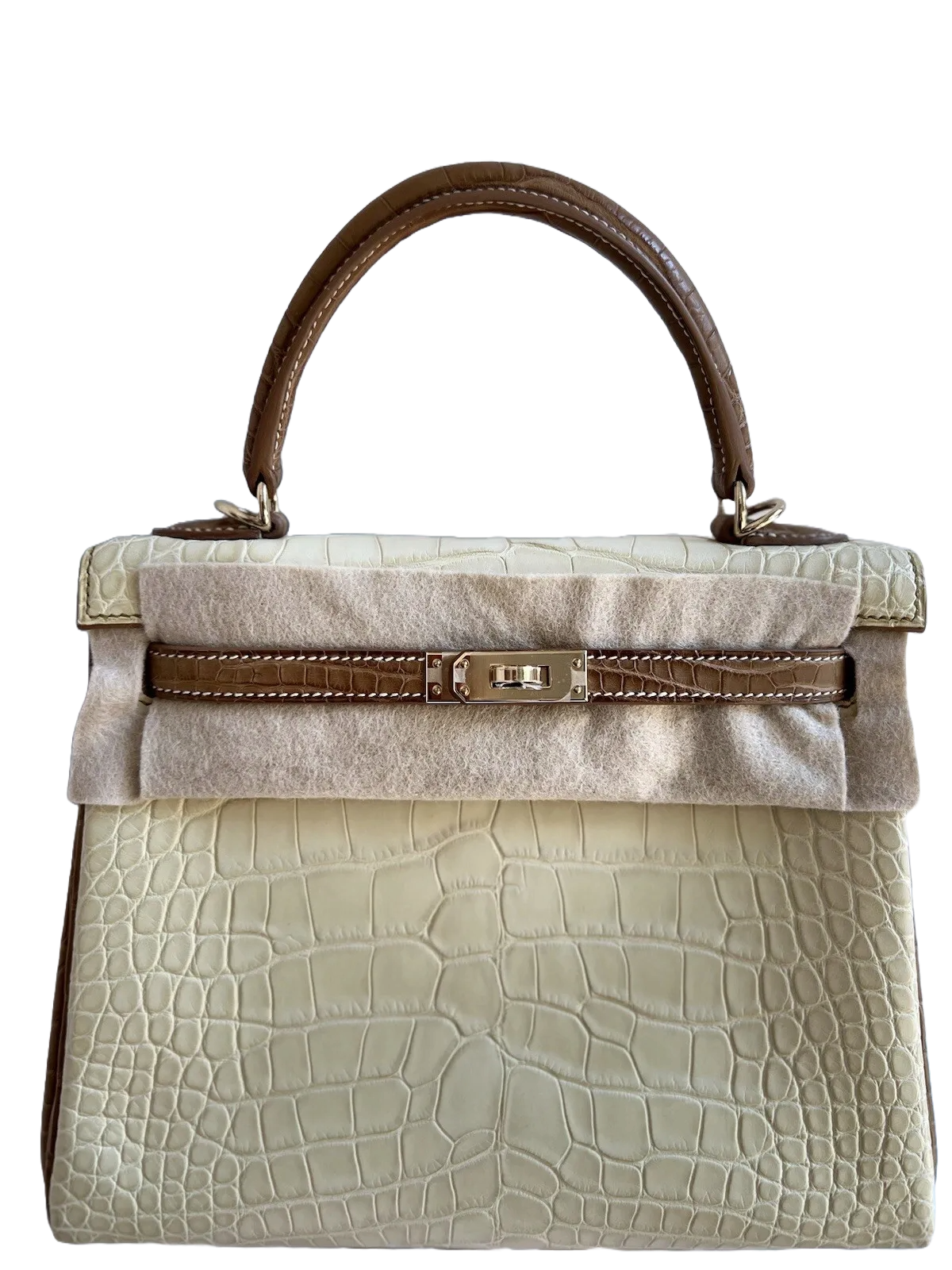 [Email Us for Payment] Hermes Kelly 25 HSS Vanilla/Kraft Matte Alligator Croc Permabrass Gold 2023 NEW