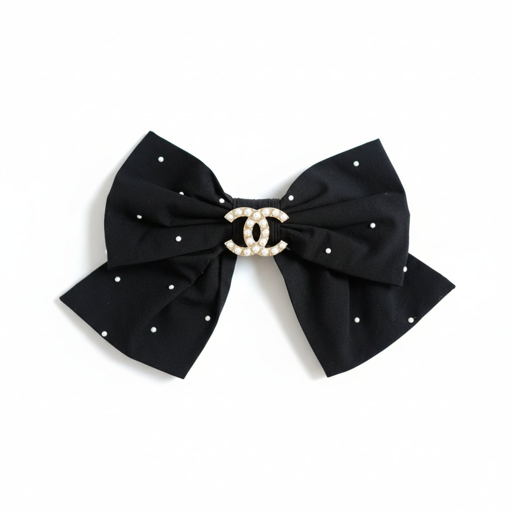 NEW Chanel Cruise 2025 Bow Barrette in Black & White CC With Pearls Large Size