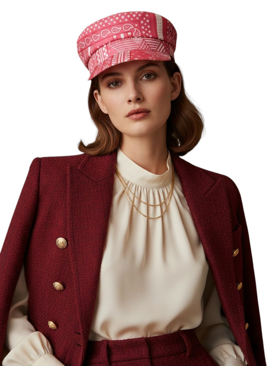 NEW Hermes Women's Deauville Hat Zigzag Printed Silk in Rose Azalea 56