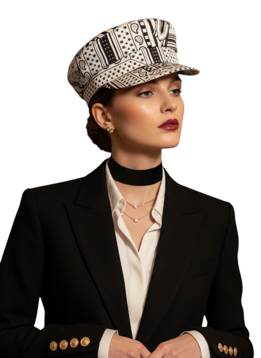 NEW Hermes Women's Deauville Cap Zigzag Printed Silk in Noir 57