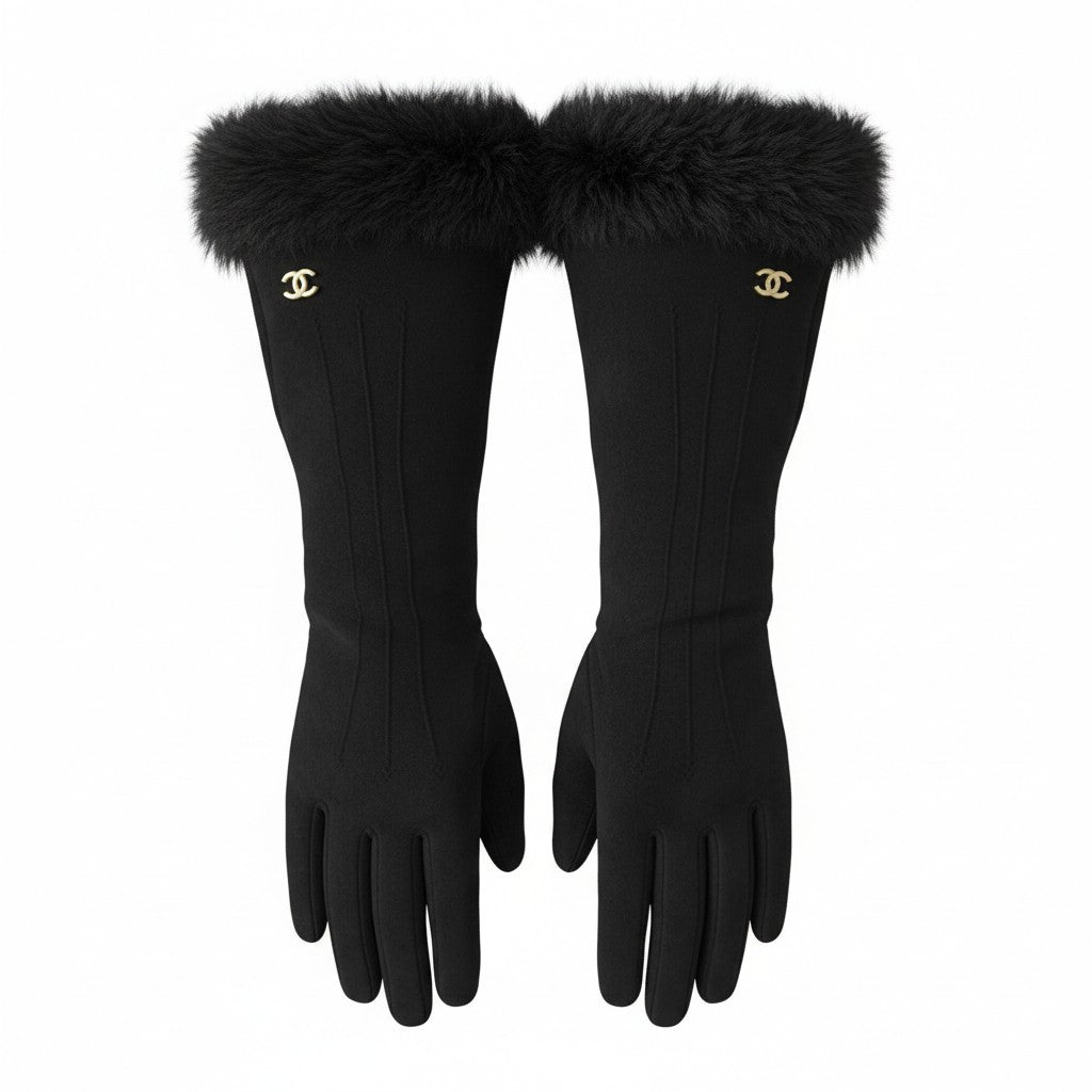 Chanel Black Suede Leather Gloves Fur Trim Gold CC Size 7.5