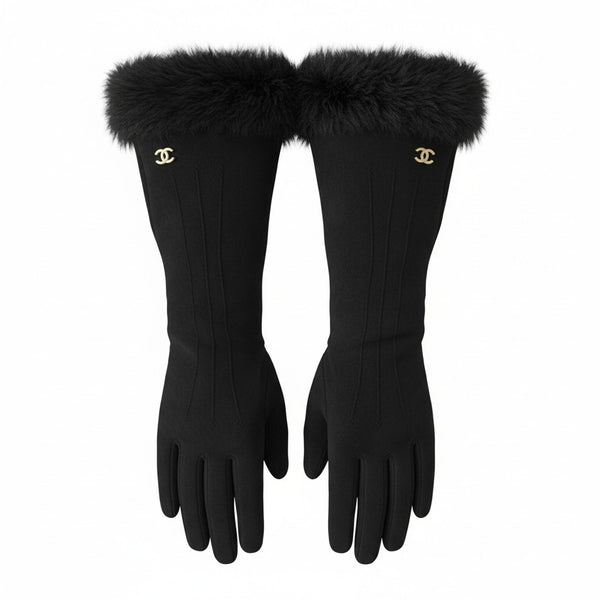 chanel handschuhe Chanel Black Suede Leather Gloves Fur Trim Gold CC Size 7.5